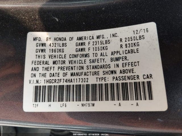 2017 HONDA ACCORD EX 9