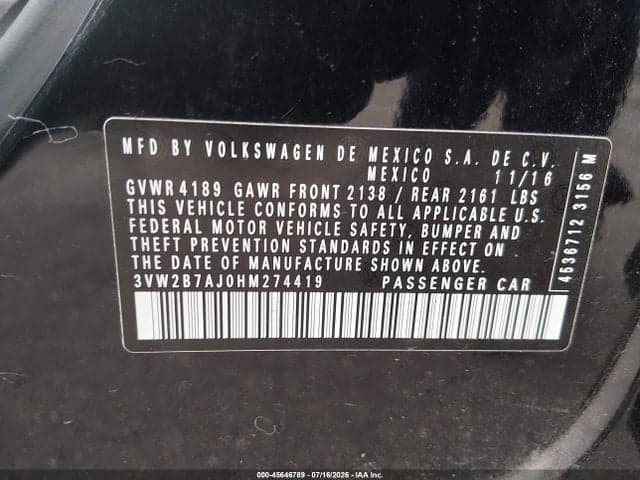 2017 VOLKSWAGEN JETTA 1.4T S 2