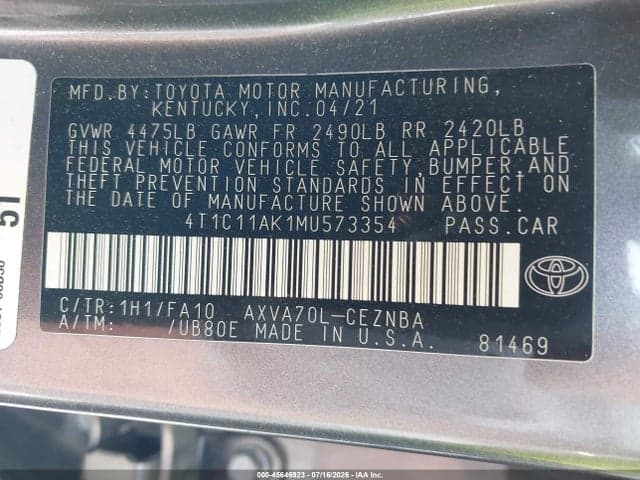 2021 TOYOTA CAMRY LE 9