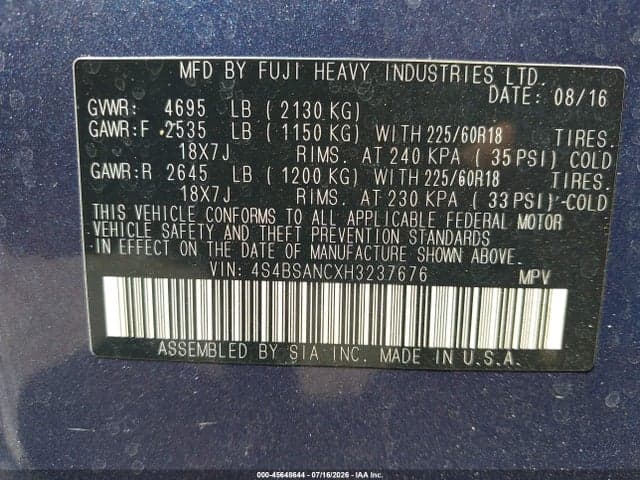 2017 SUBARU OUTBACK 2.5I LIMITED 9