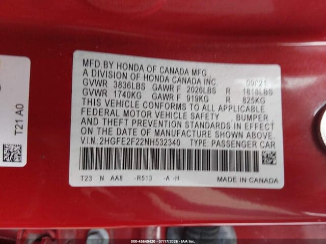 2022 HONDA CIVIC LX 9