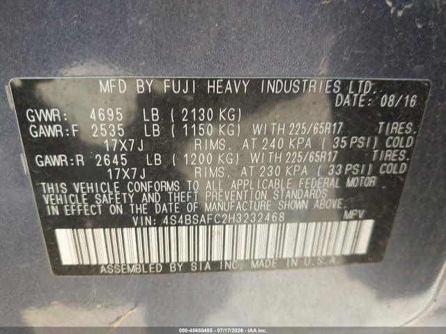 2017 SUBARU OUTBACK 2.5I PREMIUM 9