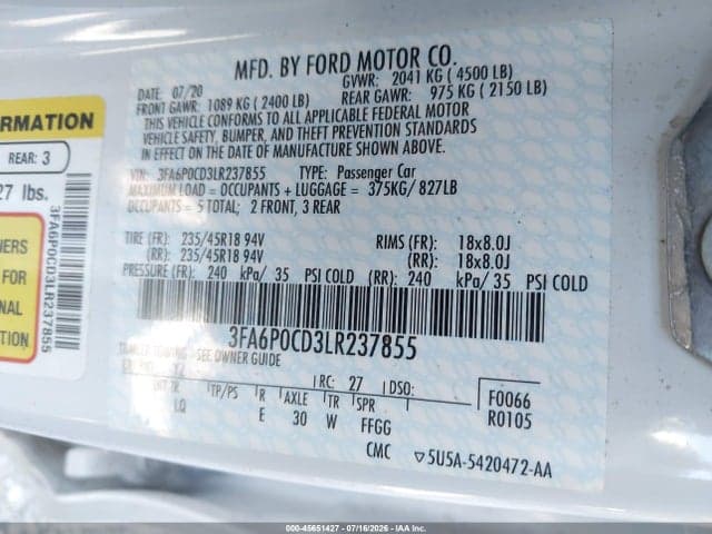2020 FORD FUSION SEL 10