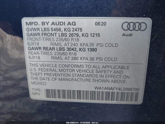 2020 AUDI Q5 PREMIUM 45 TFSI QUATTRO S TRONIC 9