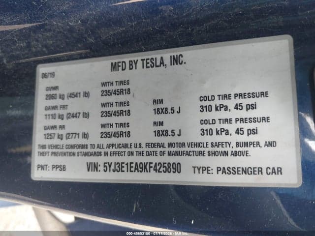 2019 TESLA MODEL 3 LONG RANGE/MID RANGE/STANDARD RANGE/STANDARD RANGE PLUS 9