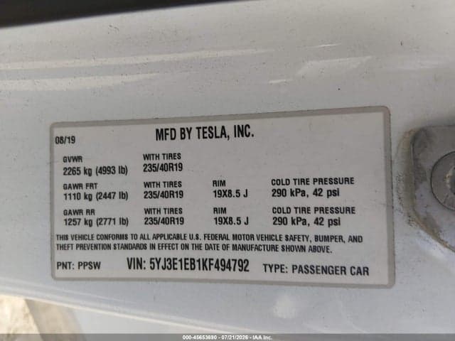 2019 TESLA MODEL 3 LONG RANGE/PERFORMANCE 9