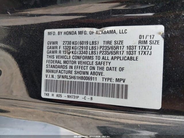 2017 HONDA ODYSSEY EX-L 9