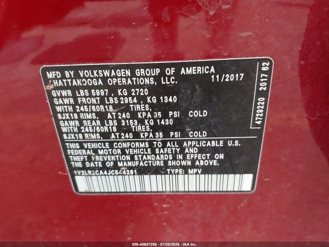 2018 VOLKSWAGEN ATLAS 3.6L V6 SE/3.6L V6 SE W/TECHNOLOGY 9