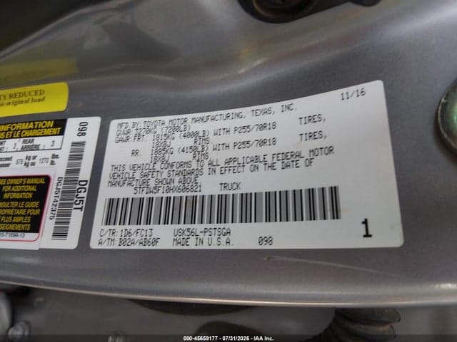 2017 TOYOTA TUNDRA SR5 5.7L V8 9
