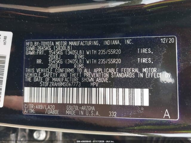 2021 TOYOTA HIGHLANDER PLATINUM 9