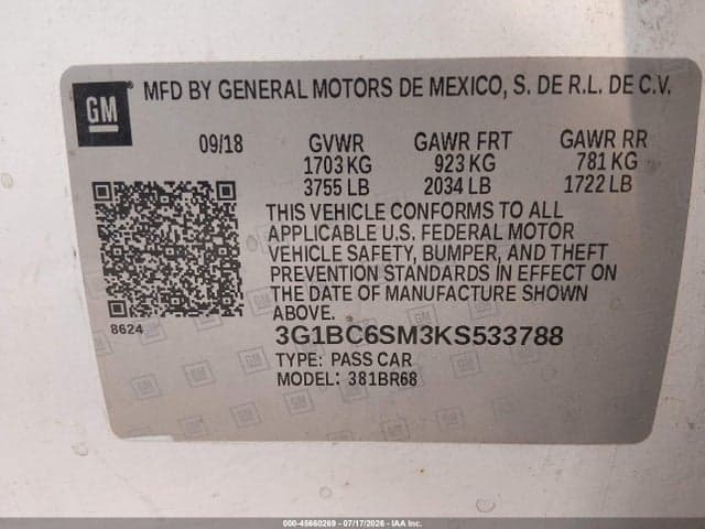 2019 CHEVROLET CRUZE LS 9
