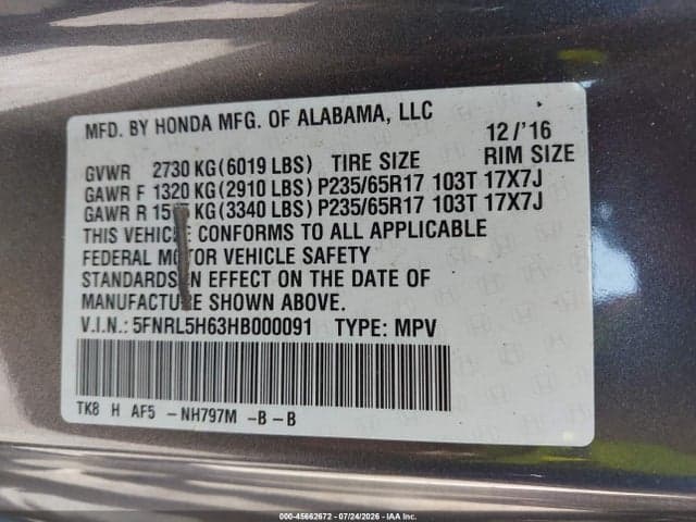 2017 HONDA ODYSSEY EX-L 9