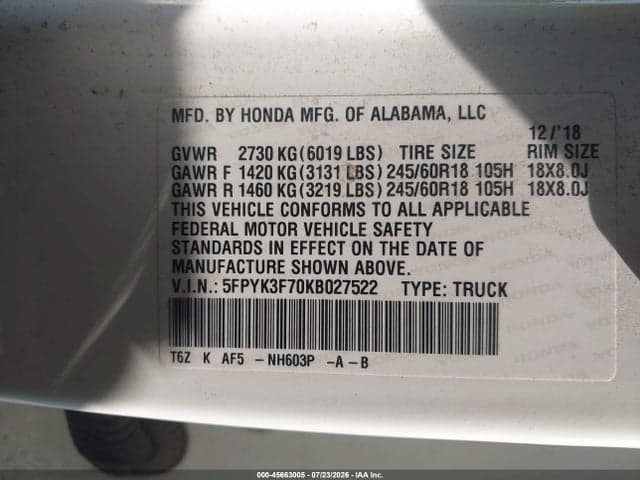 2019 HONDA RIDGELINE RTL-E 9