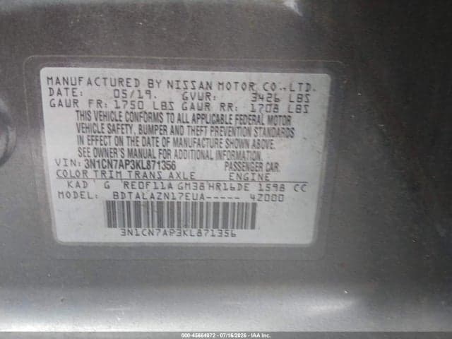 2019 NISSAN VERSA 1.6 S+ 9