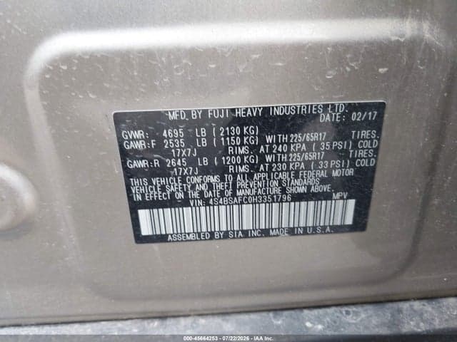 2017 SUBARU OUTBACK 2.5I PREMIUM 9