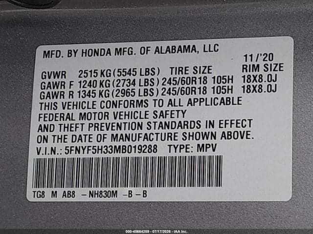2021 HONDA PILOT 2WD EX 9