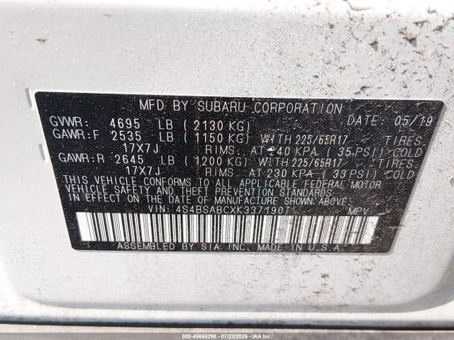 2019 SUBARU OUTBACK 2.5I 9