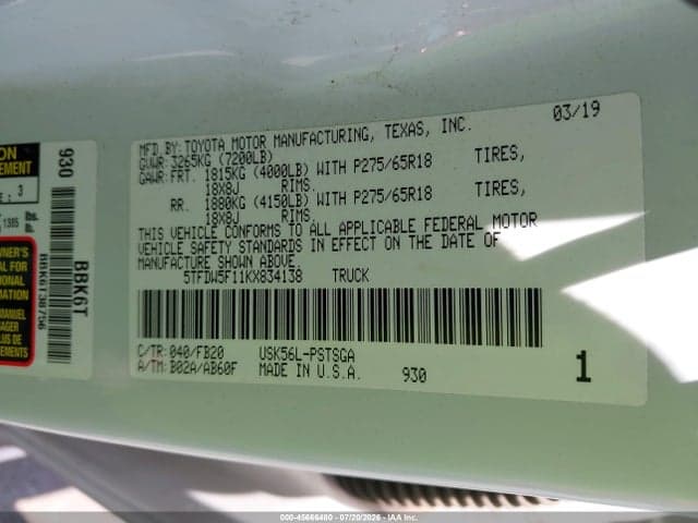2019 TOYOTA TUNDRA SR5 5.7L V8 9