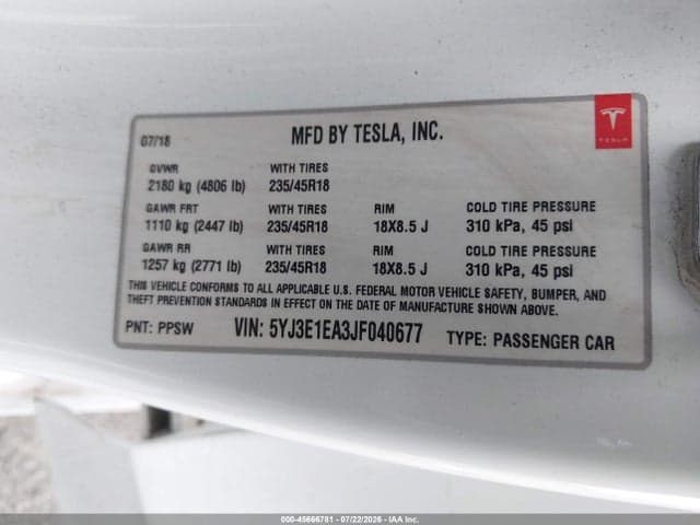 2018 TESLA MODEL 3 LONG RANGE/MID RANGE 9