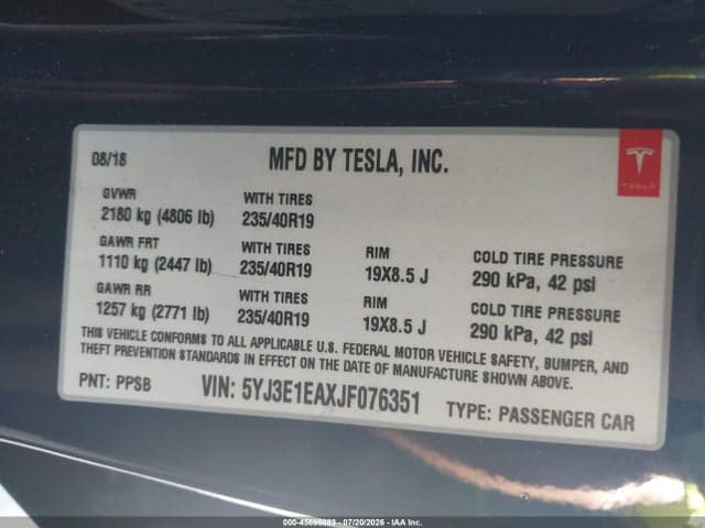 2018 TESLA MODEL 3 LONG RANGE/MID RANGE 9