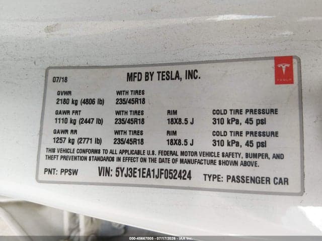 2018 TESLA MODEL 3 LONG RANGE/MID RANGE 9