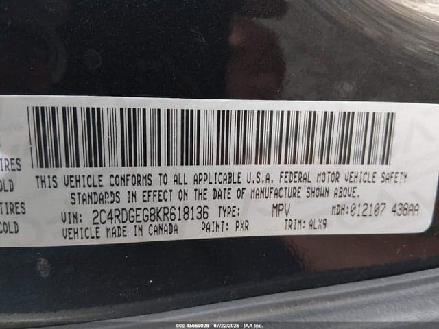 2019 DODGE GRAND CARAVAN GT 9