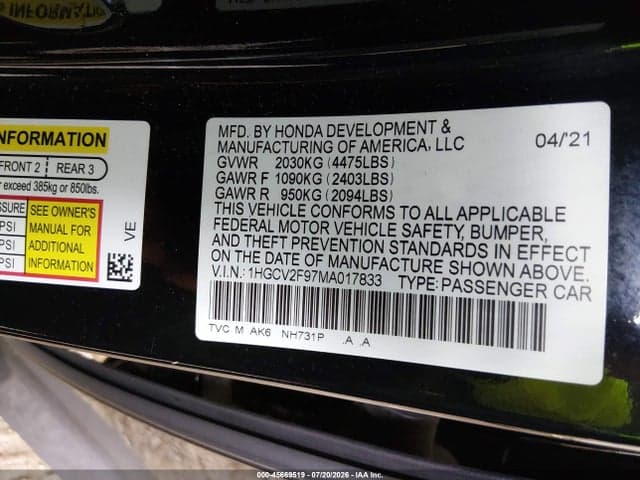 2021 HONDA ACCORD TOURING 9