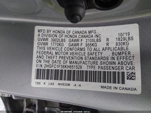 2019 HONDA CIVIC EX 9