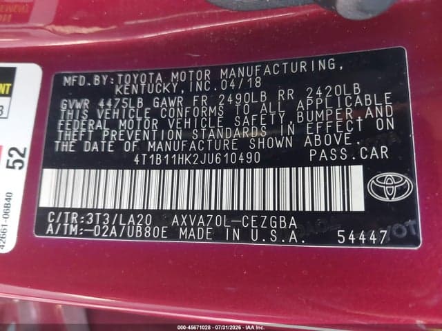 2018 TOYOTA CAMRY XLE 9