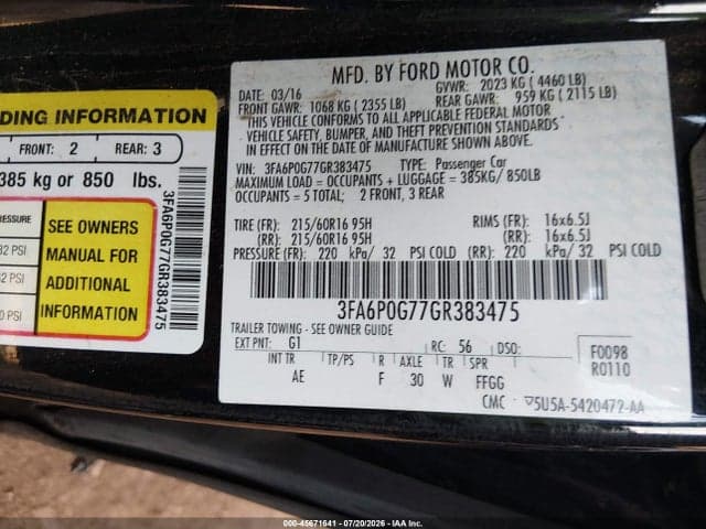 2016 FORD FUSION S 9