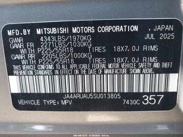 2025 MITSUBISHI OUTLANDER SPORT 2.0 ES AWC/2.0 LE AWC/2.0 S AWC/2.0 SE AWC/2.0 TRAIL EDITION AWC 9
