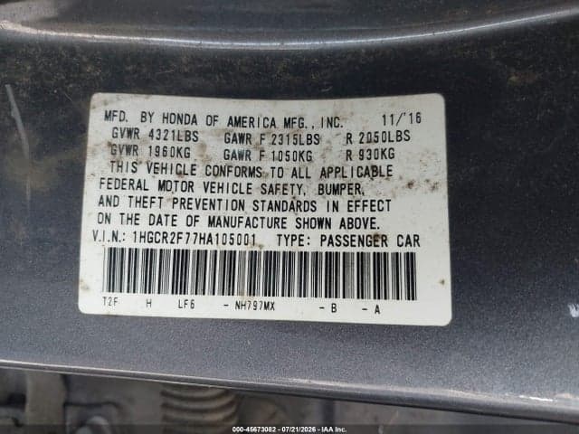 2017 HONDA ACCORD EX 9