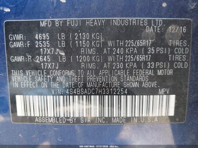 2017 SUBARU OUTBACK 2.5I PREMIUM 3