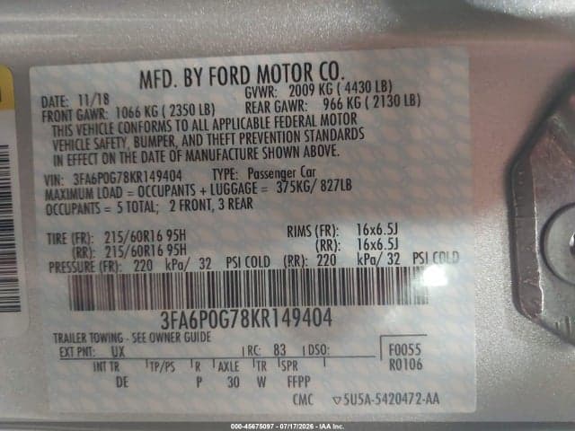 2019 FORD FUSION S 9