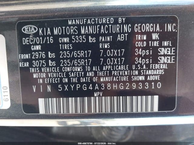 2017 KIA SORENTO 2.4L LX 9