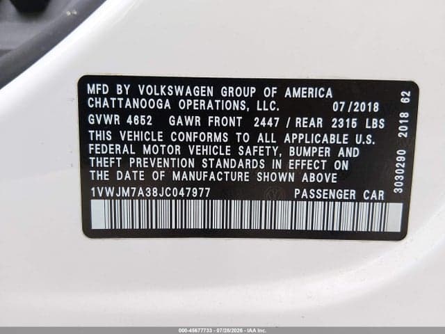 2018 VOLKSWAGEN PASSAT 3.6L V6 GT 9