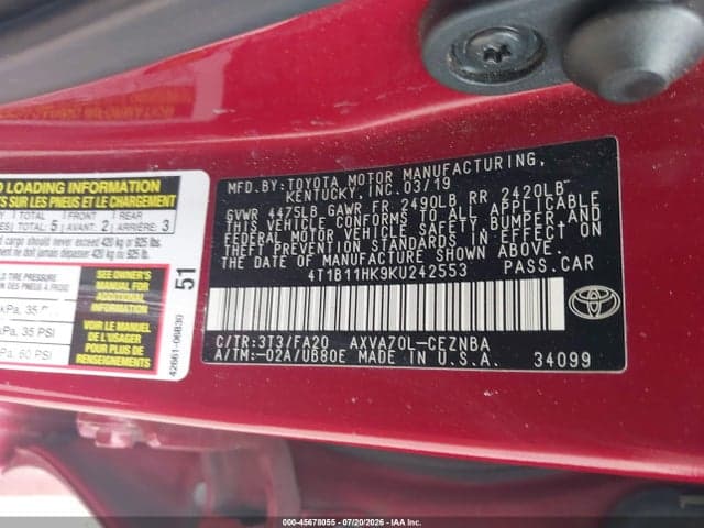 2019 TOYOTA CAMRY LE 9