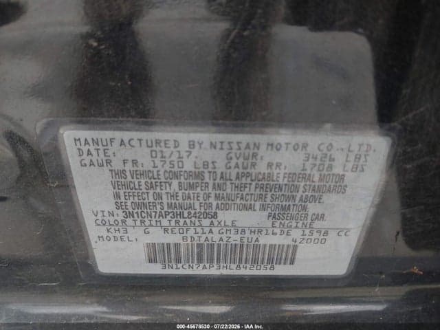 2017 NISSAN VERSA 1.6 S+ 9