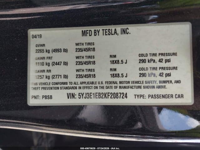 2019 TESLA MODEL 3 LONG RANGE/PERFORMANCE 9