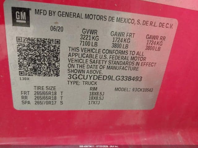 2020 CHEVROLET SILVERADO 1500 4WD SHORT BED LT 9