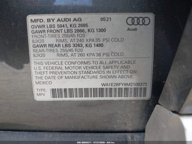 2021 AUDI Q5 PREMIUM PLUS 55 TFSI E QUATTRO S TRONIC 9