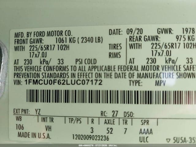 2020 FORD ESCAPE S 9
