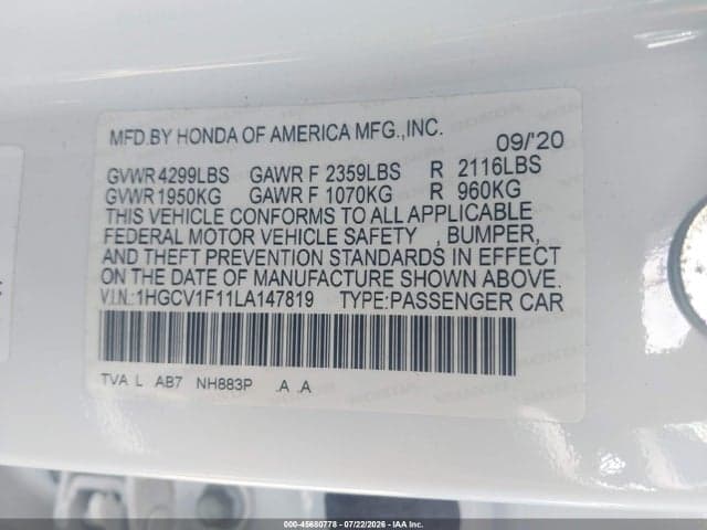 2020 HONDA ACCORD LX 9
