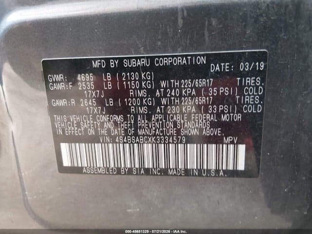 2019 SUBARU OUTBACK 2.5I 9