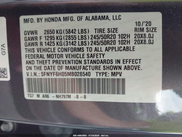 2021 HONDA PILOT AWD ELITE 9