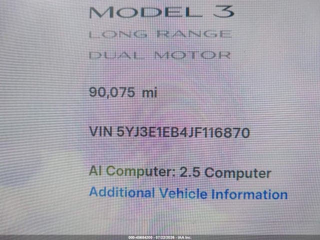 2018 TESLA MODEL 3 LONG RANGE/PERFORMANCE 15