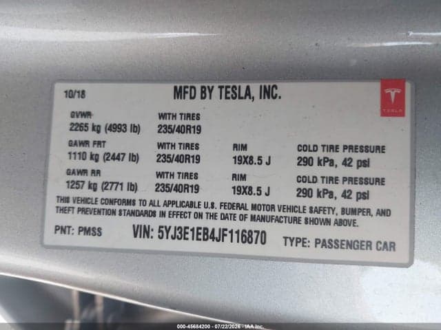 2018 TESLA MODEL 3 LONG RANGE/PERFORMANCE 9