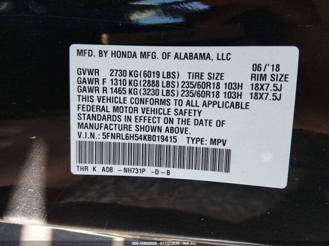 2019 HONDA ODYSSEY EX 9