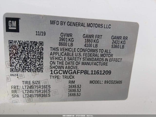 2020 CHEVROLET EXPRESS CARGO RWD 2500 REGULAR WHEELBASE WT 9