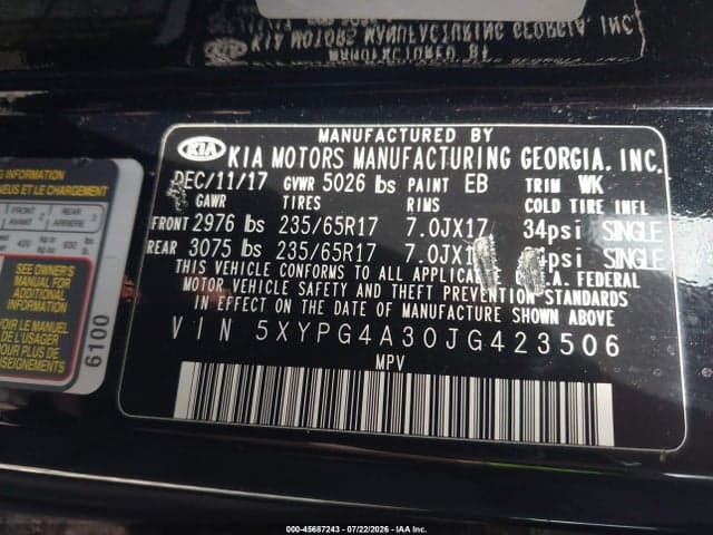 2018 KIA SORENTO 2.4L L 9